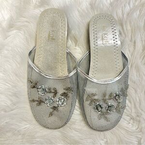 Kali Silver Floral Embellished Chinese Slipper Sandals